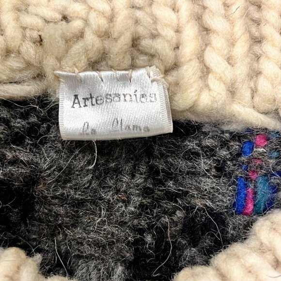 Vintage 90's Wool Chunky Pullover Plaid Sweater, Hand Knit, Cream Gray, XL - Picture 3 of 9